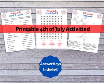 Forth of July Printable Activities- Word Search, Cross Word, Word Scramble- Holiday Activities