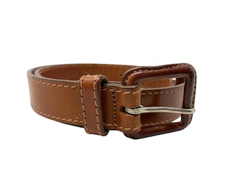 VTG Calvin Klein CK Belt Brown Italian Saddle Leather USA Logo 90s Classic Sz M