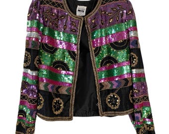 Vintage 1970's Leslie Fay Jacket Evenings Beads Sequins 100% Silk Lined Size XL