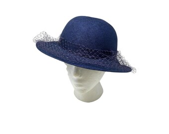 Vintage 80s Sylvia Church Lady Hat Navy Gold Metallic Mesh  display picture 1