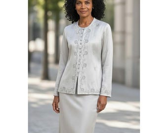 Ensemble tailleur 2 pièces Justin Taylor vintage pour femme, taille 10, gris argenté à motifs floraux, style Church