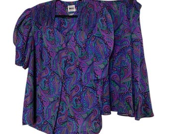 Vintage jaren 80 Leslie Fay levendige blouse en rok bijpassende set paarsgroen paisley