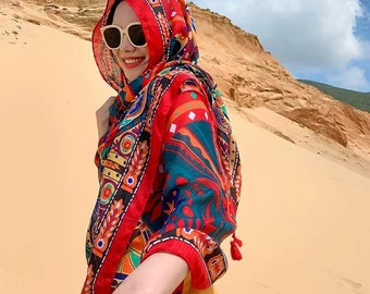Travel super beautiful sunscreen shawl women's national style cotton hemp red desert scarf wrap seaside holiday beach towel pareo