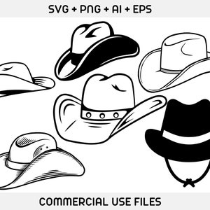 May include: Five black and white line drawings of cowboy hats. The hats are all different styles, with some having wider brims than others. The hats are all facing forward.