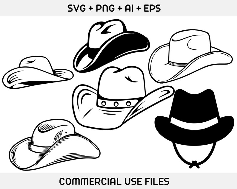 May include: Five black and white line drawings of cowboy hats. The hats are all different styles, with some having wider brims than others. The hats are all facing forward.