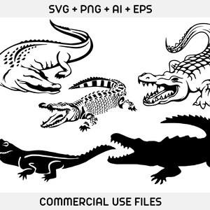 May include: Four black and white silhouette illustrations of alligators or crocodiles. The alligators are in various poses, including a side view, a front view, and a profile view. The illustrations are simple and elegant, and they would be perfect for use in a variety of projects.