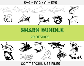 Paquete de Svg de tiburón, Svg de pez tiburón, Svg de diseño de tiburón, Svg de animal, Svg de tiburón bebé, Svg de tiburón martillo, Svg de gran tiburón blanco
