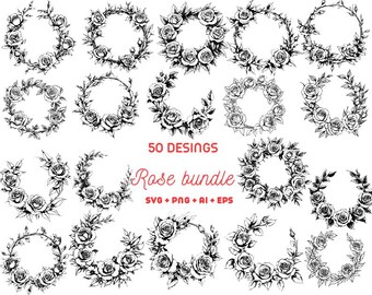 Floral Wreath SVG Bundle: Monogram Frames, Wedding Designs (Digital Files)