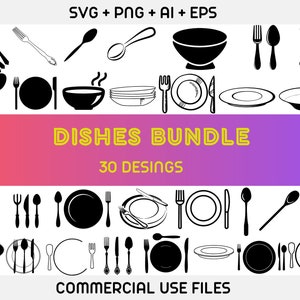 Puede incluir: Un conjunto de 30 ilustraciones vectoriales en blanco y negro de platos y cubiertos. Las ilustraciones incluyen platos, cuencos, tenedores, cucharas y cuchillos. El texto "DISHES BUNDLE 30 DESINGS" está en la parte superior de la imagen. El texto "COMMERCIAL USE FILES" está en la parte inferior de la imagen.