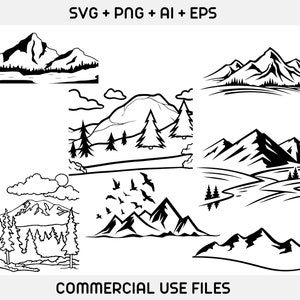 May include: A set of six black and white mountain range illustrations. The illustrations feature different mountain shapes and sizes, with some including trees, rivers, and clouds.