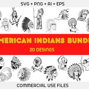 Peut inclure: Un ensemble de 20 illustrations en noir et blanc de coiffures amérindiennes. Les illustrations sont de styles variés, certaines avec des plumes, d'autres avec des perles et d'autres avec les deux. Le texte "AMERICAN INDIANS BUNDLE" et "20 DESINGS" est en haut de l'image. Le texte "COMMERCIAL USE FILES" est en bas de l'image.
