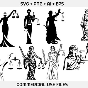 Op de afbeelding: Een set van acht zwart-wit illustraties van de figuur van Justitia, een geblinddoekte vrouw die een weegschaal en een zwaard vasthoudt. De illustraties zijn in verschillende poses en stijlen, waaronder een silhouet, een meer gedetailleerde tekening en een cartoonachtige stijl. De tekst "SVG + PNG + AI + EPS" en "COMMERCIAL USE FILES" is opgenomen in de afbeelding.