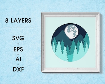 Moonlight paper cut light box template, shadow box, 3D papercut lightbox svg, cutting Cricut, svg template Cricut, Sillhouette