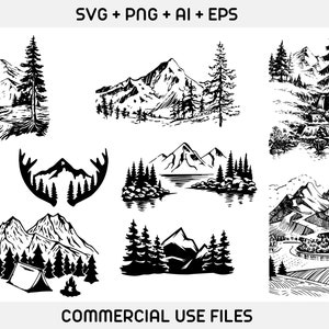 May include: A set of eight black and white illustrations of mountains, trees, and a lake. The illustrations are in a hand-drawn style and are perfect for use in a variety of projects, such as scrapbooking, card making, and digital design.