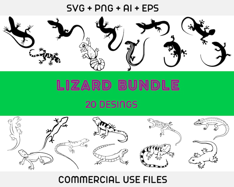 Pu&ograve; includere: Un set di 20 illustrazioni di lucertole in bianco e nero. Le illustrazioni sono in una variet&agrave; di pose e stili. Il testo "Lizard Bundle 20 Designs" &egrave; nella parte inferiore dell'immagine.