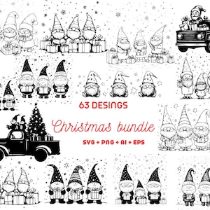 Paquete de 63 gnomos navideños SVG para archivos de corte, garabatos navideños, dibujos a mano, dibujos animados, para siluetas de Cricut, diseño de camisetas, diseño de tazas de café