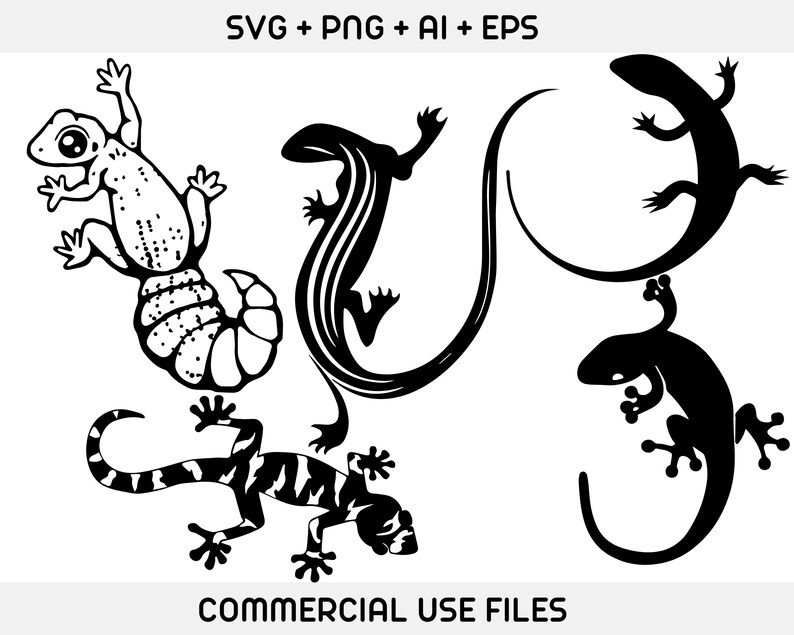 Pu&ograve; includere: Quattro illustrazioni di lucertole in silhouette in bianco e nero. Le lucertole sono in varie pose, tra cui arrotolate, in piedi sulle zampe posteriori e in corsa. Le illustrazioni sono semplici ed eleganti e sarebbero perfette per l'uso in una variet&agrave; di progetti.