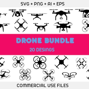 Könnte beinhalten: Ein Satz von 20 Schwarzweiß-Dronen-Silhouetten-Illustrationen. Die Illustrationen sind in verschiedenen Stilen und Winkeln, darunter Drohnen mit Kameras, Propellern und verschiedenen Formen. Der Text "DRONE BUNDLE 20 DESIGNS" befindet sich oben im Bild, und der Text "COMMERCIAL USE FILES" befindet sich unten.