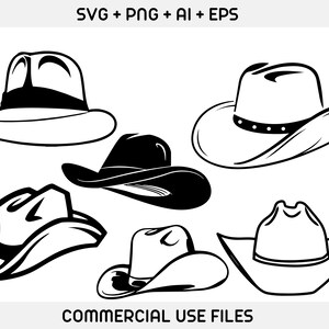 May include: Five black and white illustrations of different styles of hats. The hats include a fedora, a cowboy hat, and a baseball cap.