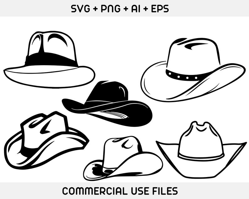 May include: Five black and white illustrations of different styles of hats. The hats include a fedora, a cowboy hat, and a baseball cap.