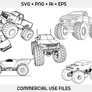 May include: A set of four black and white line drawings of monster trucks. The trucks are all different makes and models, but they all have large tires and a powerful look.  SVG + PNG + AI + EPS Commercial Use Files.