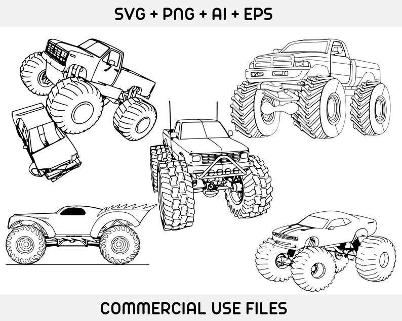 May include: A set of four black and white line drawings of monster trucks. The trucks are all different makes and models, but they all have large tires and a powerful look.  SVG + PNG + AI + EPS Commercial Use Files.