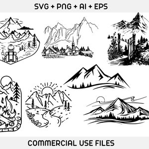 May include: A set of five black and white illustrations of mountains, featuring different scenes, including a hiker with a backpack, a campfire, a mountain range, a village, and a gate. The illustrations are perfect for use in digital or print projects.