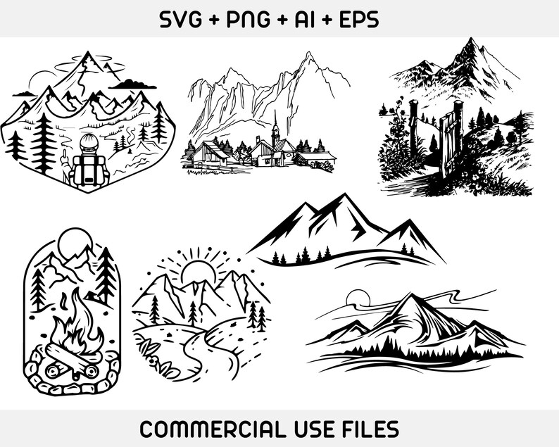 May include: A set of five black and white illustrations of mountains, featuring different scenes, including a hiker with a backpack, a campfire, a mountain range, a village, and a gate. The illustrations are perfect for use in digital or print projects.