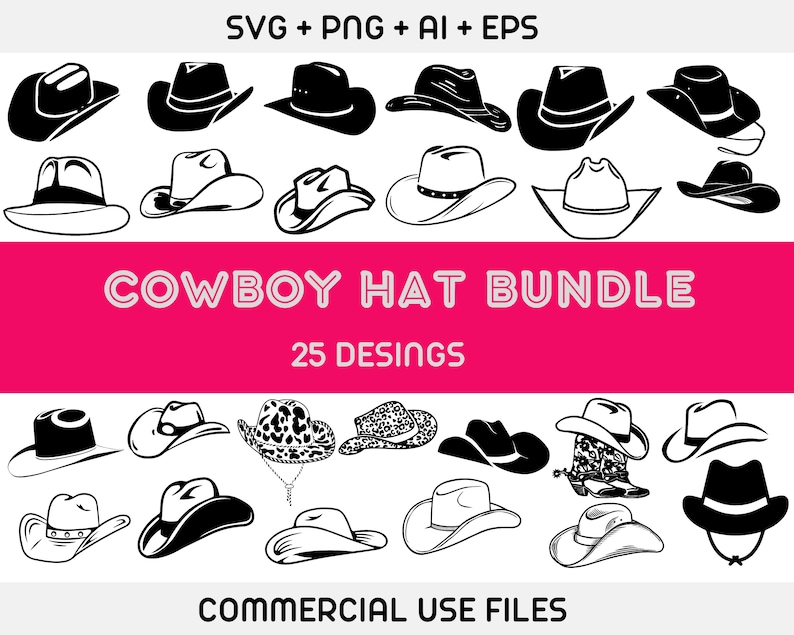 May include: A set of 25 black and white cowboy hat illustrations. The hats are in various styles, including classic, wide-brimmed, and fedora. The text "COWBOY HAT BUNDLE" and "25 DESINGS" is displayed in the center of the image. The text "COMMERCIAL USE FILES" is displayed at the bottom of the image.