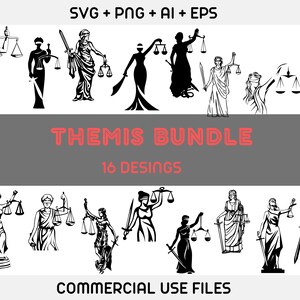 Op de afbeelding: Een set van 16 zwart-witte vectorillustraties van de Griekse godin van de gerechtigheid, Themis. De illustraties tonen Themis met een weegschaal en een zwaard, in verschillende poses en stijlen. De tekst "THEMIS BUNDLE 16 DESINGS" wordt weergegeven in rode letters. De tekst "COMMERCIAL USE FILES" wordt weergegeven in zwarte letters.