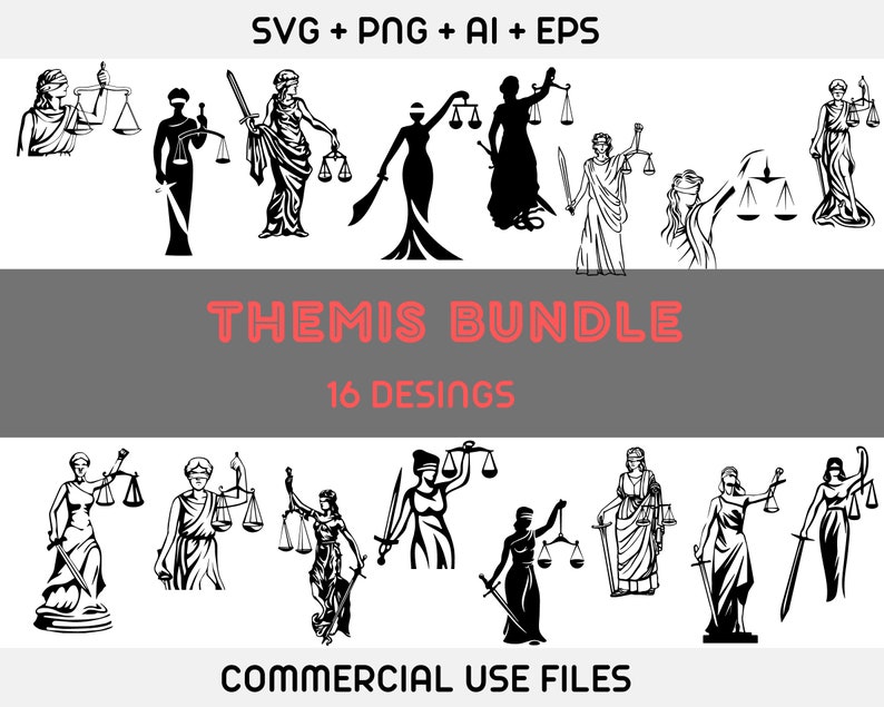Op de afbeelding: Een set van 16 zwart-witte vectorillustraties van de Griekse godin van de gerechtigheid, Themis. De illustraties tonen Themis met een weegschaal en een zwaard, in verschillende poses en stijlen. De tekst "THEMIS BUNDLE 16 DESINGS" wordt weergegeven in rode letters. De tekst "COMMERCIAL USE FILES" wordt weergegeven in zwarte letters.