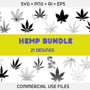 May include: A set of 21 black and white hemp leaf illustrations. The illustrations are in a variety of styles, including simple outlines, detailed drawings, and stylized designs. The text "HEMP BUNDLE 21 DESINGS" is at the top of the image. The text "COMMERCIAL USE FILES" is at the bottom of the image.