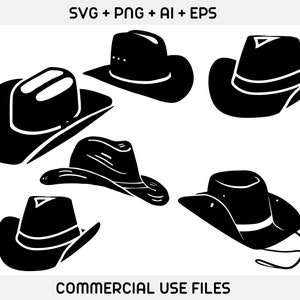 May include: A set of six black cowboy hats, each with a different shape and style. The hats are isolated on a white background.