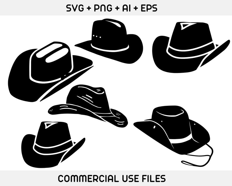 May include: A set of six black cowboy hats, each with a different shape and style. The hats are isolated on a white background.