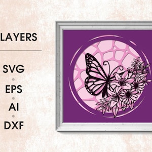 Papillon en fleurs 3d Shadow Box SVG, Layered Butterfly, Layered Files For Cricut, Cardstock SVG, Laser cut, 3D Butterflies SVG