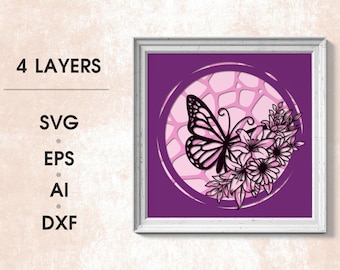 Schmetterling in Blumen 3D Schatten Box SVG, geschichteter Schmetterling, geschichtete Dateien für Cricut, Cardstock SVG, Laser cut, 3D Schmetterlinge SVG