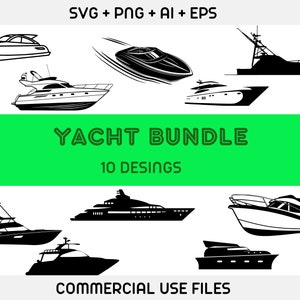Puede incluir: Un conjunto de 10 ilustraciones en silueta de yates en blanco y negro. Las ilustraciones son de varios estilos y tamaños. El texto "YACHT BUNDLE" y "10 DESINGS" se muestra en una pancarta verde. El texto "COMMERCIAL USE FILES" se muestra en la parte inferior de la imagen.