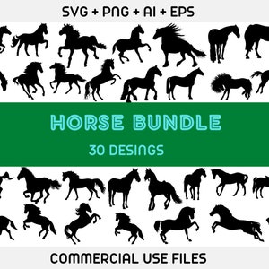 Könnte beinhalten: Ein Set mit 30 schwarzen Silhouetten von Pferden. Die Designs sind in verschiedenen Posen und beinhalten sowohl stehende als auch rennende Pferde. Der Text "HORSE BUNDLE 30 DESINGS" befindet sich oben im Bild. Der Text "COMMERCIAL USE FILES" befindet sich unten im Bild.