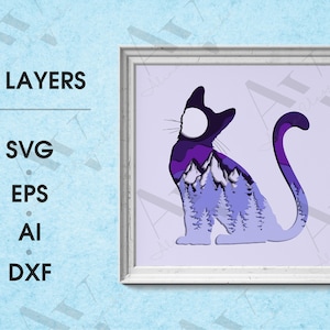 Chat 3D, forêt 3d, montagnes 3d, 3D Paper Cut Shadow Box Template, Shadow Box SVG Digital Download Files, Pour Cricut, Lightbox