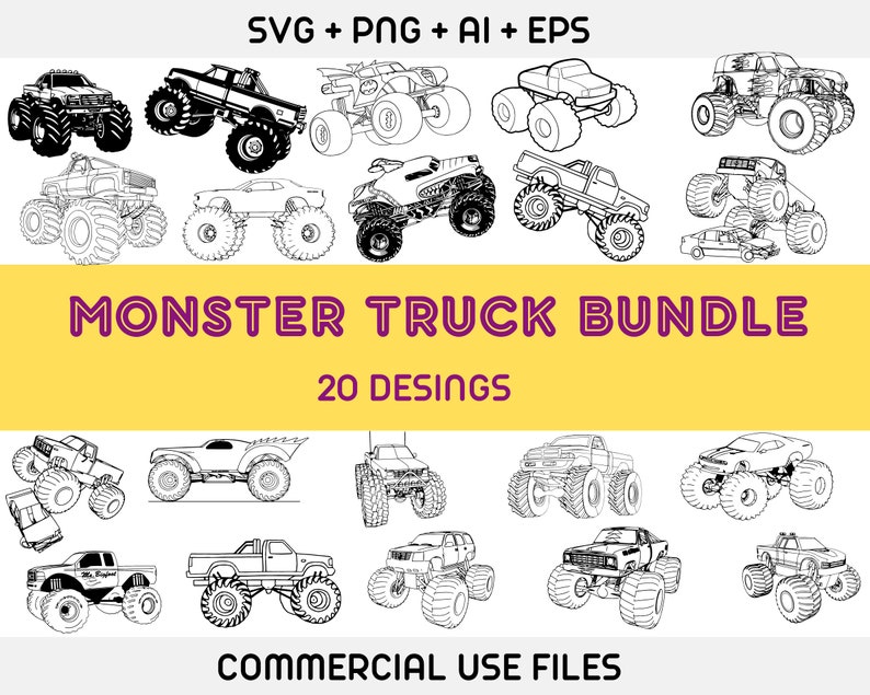 May include: A set of 20 black and white line drawings of monster trucks. The trucks are in various poses, some with wheels raised and some with wheels on the ground. The text "MONSTER TRUCK BUNDLE" and "20 DESINGS" is at the top of the image. The text "COMMERCIAL USE FILES" is at the bottom of the image.