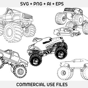 May include: Five black and white line drawings of monster trucks. The trucks are all different styles and sizes. The trucks are all on a white background. SVG + PNG + AI + EPS COMMERCIAL USE FILES