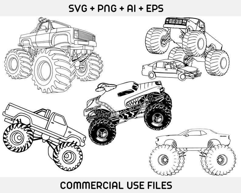 May include: Five black and white line drawings of monster trucks. The trucks are all different styles and sizes. The trucks are all on a white background. SVG + PNG + AI + EPS COMMERCIAL USE FILES