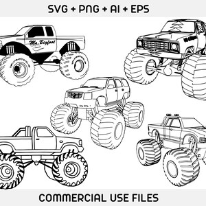 May include: Four black and white line drawings of monster trucks. The trucks are all different models and have different features. The first truck has the text "Ms. Bigfoot" on the side. The second truck has a tree design on the hood. The third truck has a more modern design. The fourth truck has a more classic design.