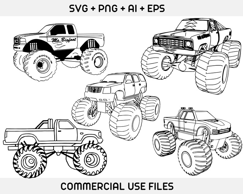 May include: Four black and white line drawings of monster trucks. The trucks are all different models and have different features. The first truck has the text "Ms. Bigfoot" on the side. The second truck has a tree design on the hood. The third truck has a more modern design. The fourth truck has a more classic design.