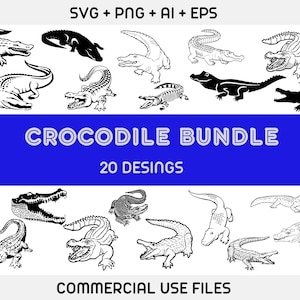 May include: A set of 20 black and white crocodile illustrations. The illustrations are in various poses and styles, including a crocodile with its mouth open, a crocodile with its tail curled, and a crocodile with its head tilted. The text "CROCODILE BUNDLE 20 DESINGS" is at the top of the image. The text "COMMERCIAL USE FILES" is at the bottom of the image.