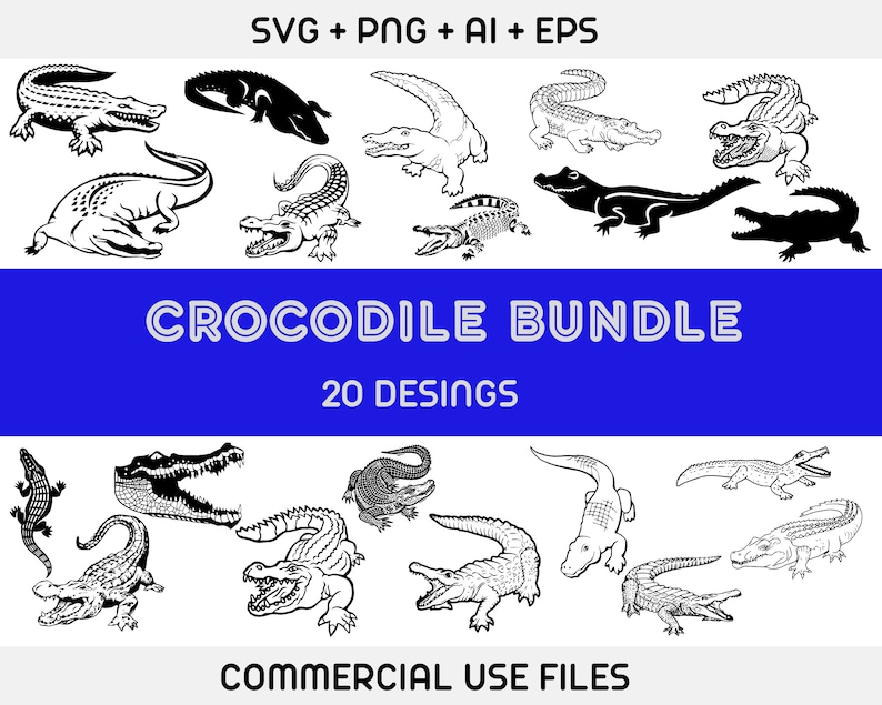 May include: A set of 20 black and white crocodile illustrations. The illustrations are in various poses and styles, including a crocodile with its mouth open, a crocodile with its tail curled, and a crocodile with its head tilted. The text "CROCODILE BUNDLE 20 DESINGS" is at the top of the image. The text "COMMERCIAL USE FILES" is at the bottom of the image.