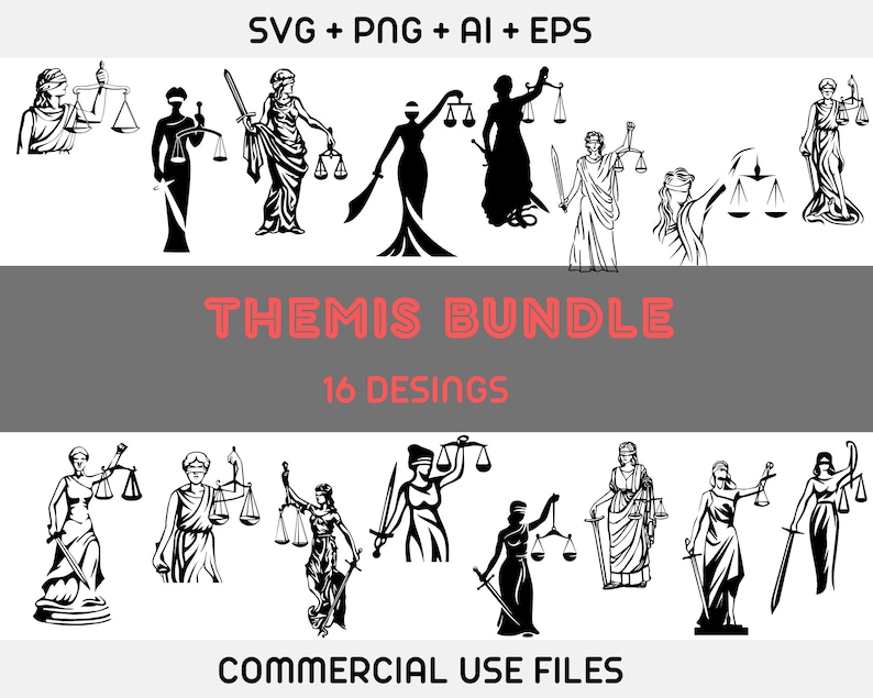 Op de afbeelding: Een set van 16 zwart-witte vectorillustraties van de Griekse godin van de gerechtigheid, Themis. De illustraties tonen Themis met een weegschaal en een zwaard, in verschillende poses en stijlen. De tekst "THEMIS BUNDLE 16 DESINGS" wordt weergegeven in rode letters. De tekst "COMMERCIAL USE FILES" wordt weergegeven in zwarte letters.