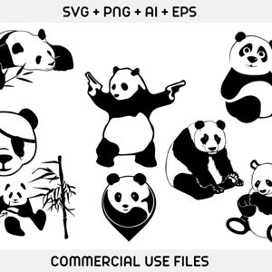 Pode incluir: Um conjunto de oito ilustra&ccedil;&otilde;es de panda preto e branco. Os pandas est&atilde;o em v&aacute;rias poses, incluindo sentados, em p&eacute; e segurando um pau. As ilustra&ccedil;&otilde;es s&atilde;o perfeitas para usar em artesanato, scrapbooking ou design digital.