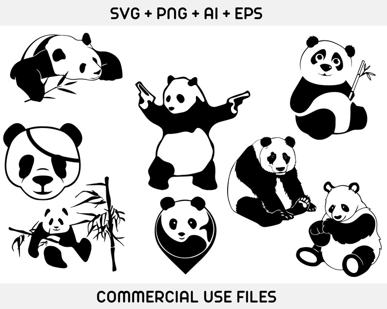 Pode incluir: Um conjunto de oito ilustra&ccedil;&otilde;es de panda preto e branco. Os pandas est&atilde;o em v&aacute;rias poses, incluindo sentados, em p&eacute; e segurando um pau. As ilustra&ccedil;&otilde;es s&atilde;o perfeitas para usar em artesanato, scrapbooking ou design digital.