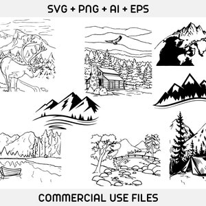 May include: A set of 10 black and white illustrations of mountains, a cabin, a deer, a river, a tent, and a globe. The illustrations are in a simple, line art style.  SVG + PNG + AI + EPS. COMMERCIAL USE FILES.